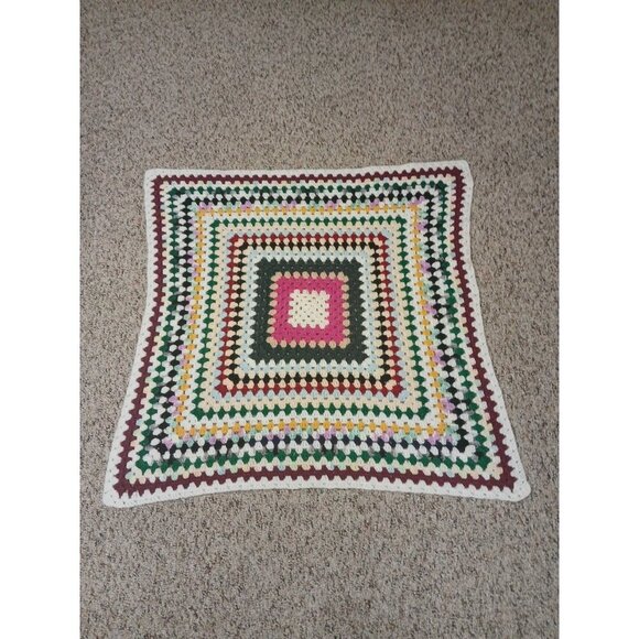 Vtg Crocheted Afghan Around the World Multi-Colored Throw Blanket 35×35 - Picture 2 of 8